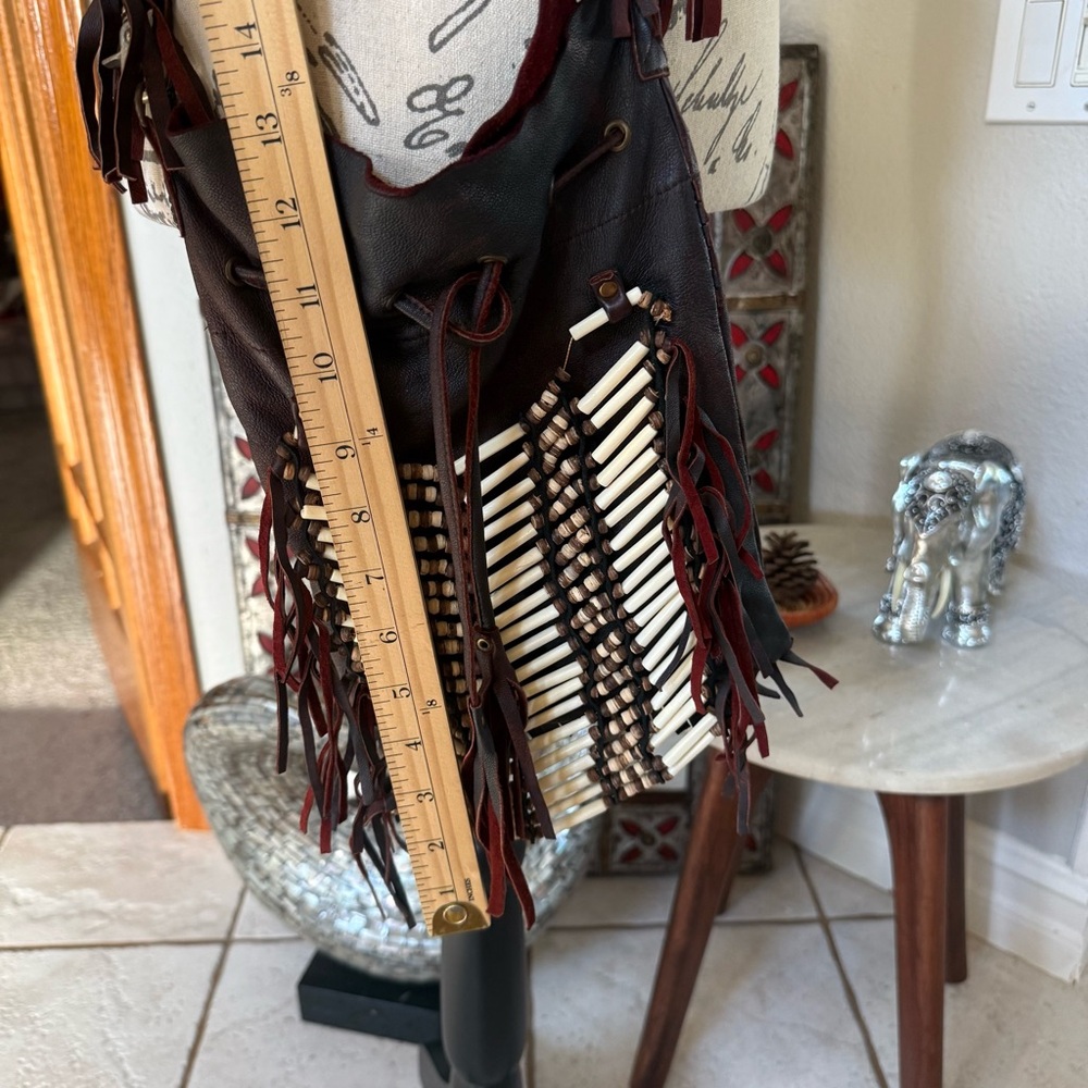 Spell & The Gypsy Dreamweaver Brown Leather Bone Fringe Crossbody Handbag - Picture 10 of 14